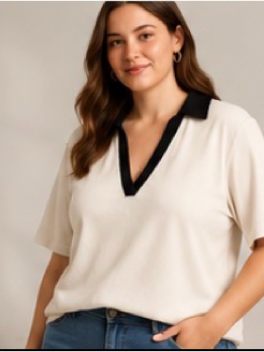 Ribbed Knit Collared Top — Cream with Black Contrast Collar